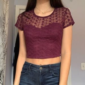 Maroon floral mesh crop top